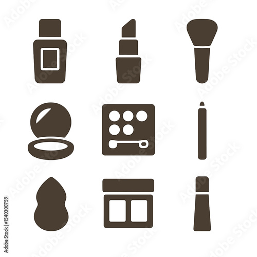 Nude Makeup Icons. Solid, filled icons set of perfect nude makeup routine: foundation bottle, nude lipstick,