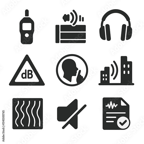 Noise Management Icons. Solid, filled icons set of noise pollution management: sound meter, noise barrier, ear