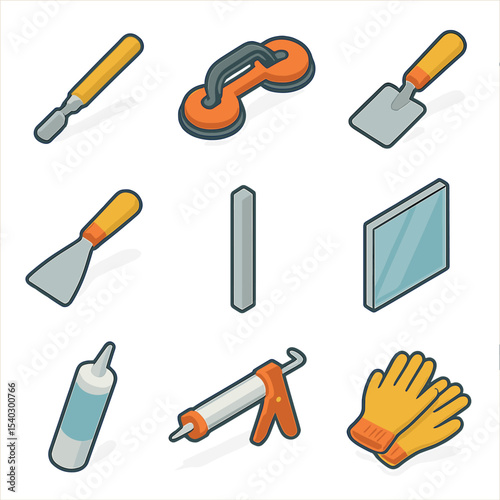 Glass Repair Tools. Isometric Flat icon set of glass replacement tools: glass cutter, suction lifter, glazing shovel, putty knife,