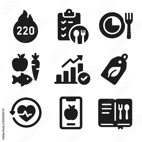 Nutrition Icon Grid. Solid, filled icons set of nutrition and diet tracking: calorie count icon, meal log,