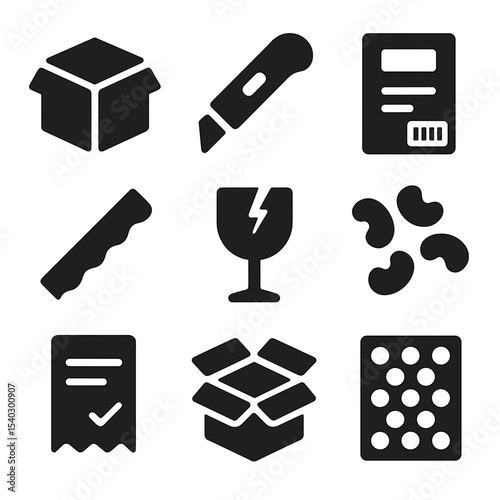 Package Opening Icons. Solid, filled icons set of opening a package: cardboard box, cutting tool, shipping