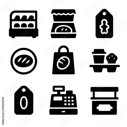 Pastry Shop Essentials Icons. Solid, filled icons set of pastry shop essentials: display case, pastry box,