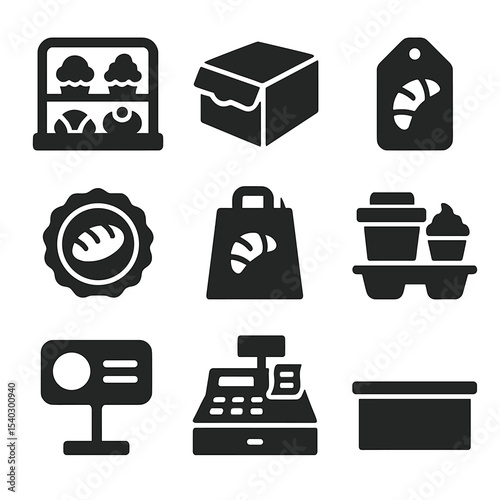 Pastry Shop Essentials Icons. Solid, filled icons set of pastry shop essentials: display case, pastry box,