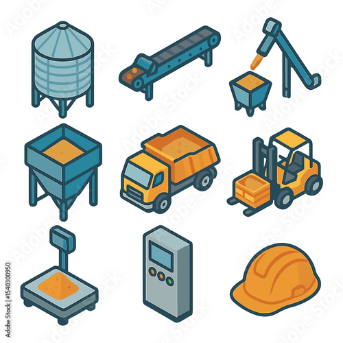 Grain Storage Icons Set. Isometric Flat icon set of grain storage and processing: grain silo, conveyor belt, auger, storage bin,