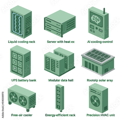 Green Data Center Icons. Isometric Flat icon set of green data center components: liquid cooling rack, server with heat exchanger,