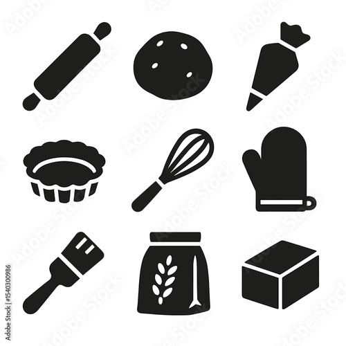 Pastry Tools Icons. Solid, filled icons set of pastry making: rolling pin, dough ball, piping bag, tart pan,