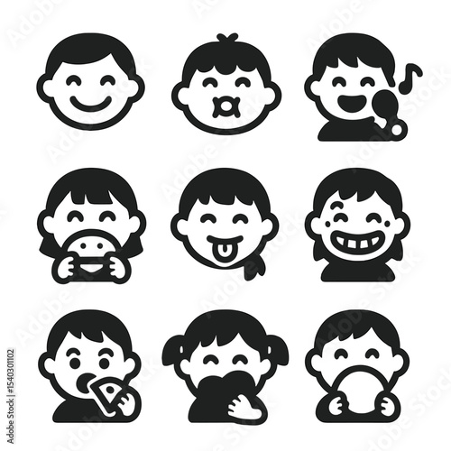 Playful Food Icons. Solid, filled icons set of food-related expressions in kids: big smile, puffed cheeks,