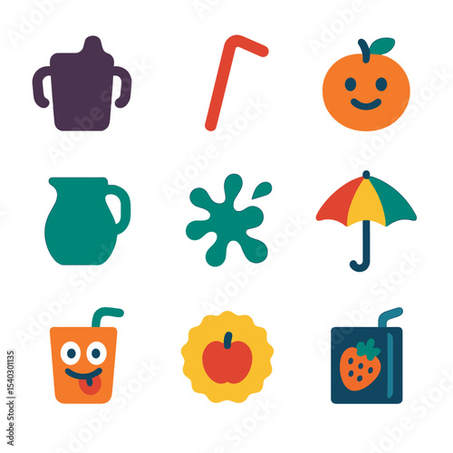 Playful Kids' Drink Icons. Solid, filled icons set of kids’ juice and fun drinks: sippy cup, bendy straw,
