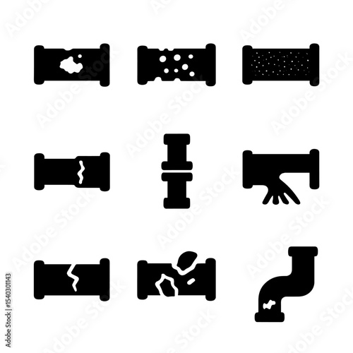 Pipe Corrosion Icons. Solid, filled icons set of pipe corrosion types: rusted pipe, pitting corrosion, uniform