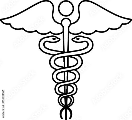 Caduceus Medical Symbol Black and White Line Art Graphic Illustration Two Snakes Rod Wings Healthcare Icon 1