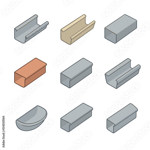 Gutter Icon Collection. Isometric Flat icon set of gutter material types: aluminum gutter, vinyl gutter, steel gutter, copper
