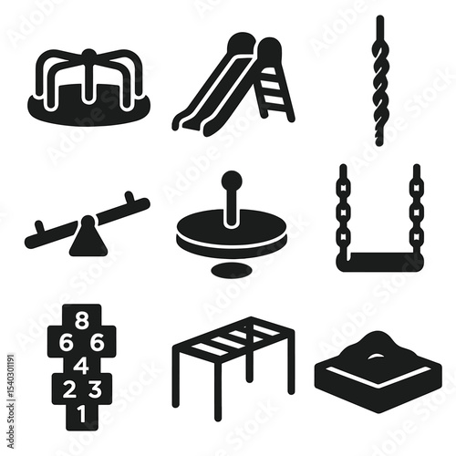 Playground Icons Collection. Solid, filled icons set of classic playground features: wooden merry-go-round,