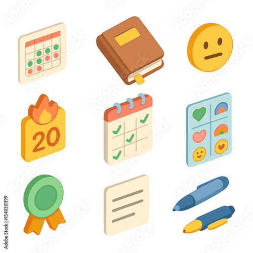 Habit Tracking Icons. Isometric Flat icon set of habit tracking and journaling: habit tracker chart, journal, pen, mood icon,