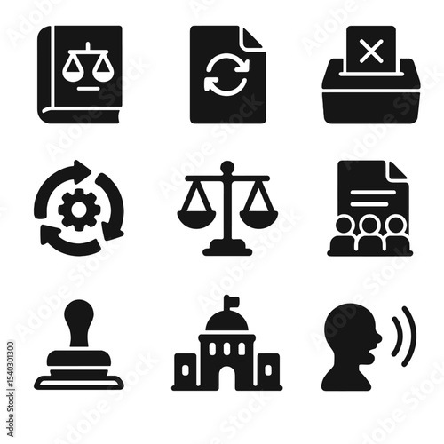 Policy and Justice Icons. Solid, filled icons set of policy change and justice reform: law book, policy file,
