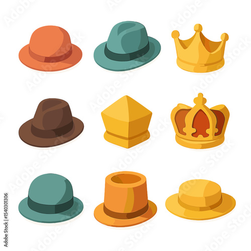Hat Silhouette Icons. Isometric Flat icon set of hat silhouettes and crowns: dome crown, center crease, pinch front, diamond crown