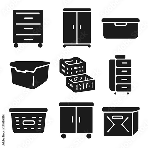 Portable Storage Icons. Solid, filled icons set of portable storage units: rolling drawers, compact wardrobe,