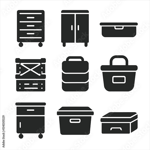 Portable Storage Icons. Solid, filled icons set of portable storage units: rolling drawers, compact wardrobe,