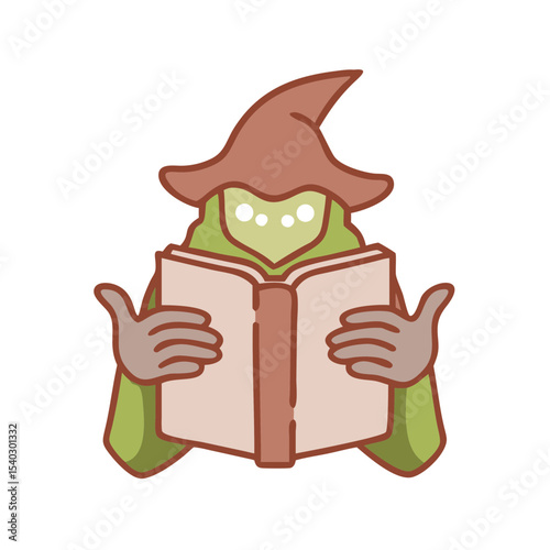 Cartoon creature reading a book while wearing a brown hat  