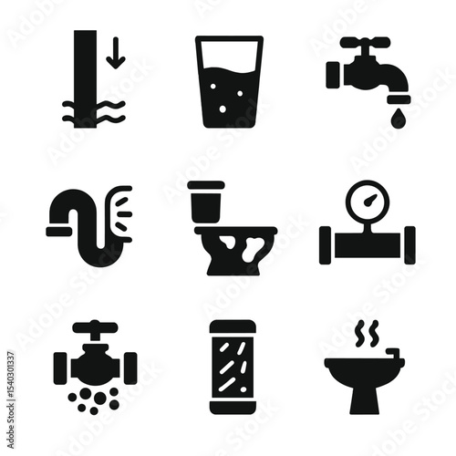 Plumbing Icons Grid. Solid, filled icons set of plumbing and corrosion impact: reduced flow, brown water,