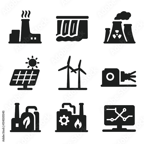 Power Generation Icons. Solid, filled icons set of power generation systems: thermal plant, hydroelectric dam,