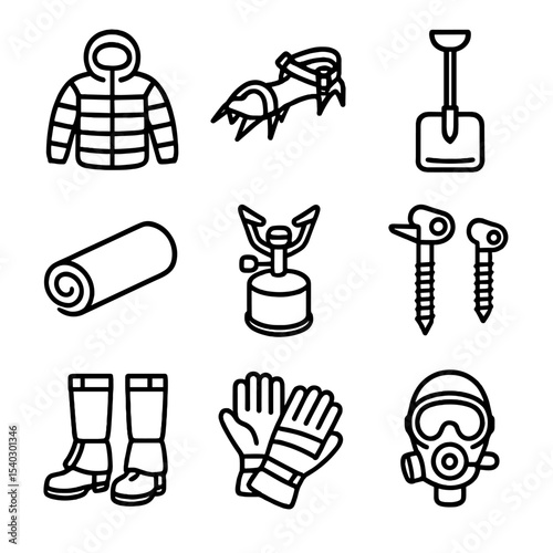 High Altitude Camping Icons. Outline icon set of high altitude camping gear: insulated jacket, crampons, snow shovel, sleeping pad