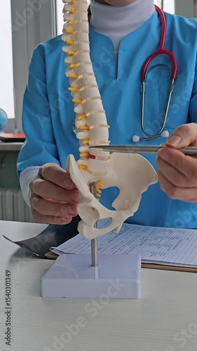 Understanding spinal anatomy with a model during a medical demonstration in a clinic setting