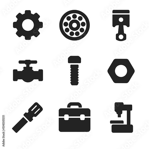 Precision Machine Icons. Solid, filled icons set of precision machine components: gear icon, bearing icon,
