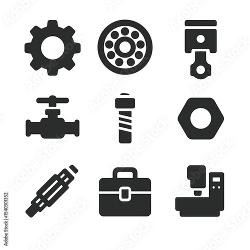 Precision Machine Icons. Solid, filled icons set of precision machine components: gear icon, bearing icon,