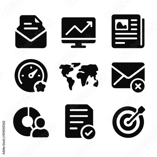 Press Release Analytics Icons. Solid, filled icons set of press release analytics: open rate, click-through