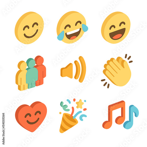 Heartwarming Laughter Icons. Isometric Flat icon set of heartwarming laughter relief: smiling face, laughter tears, open mouth
