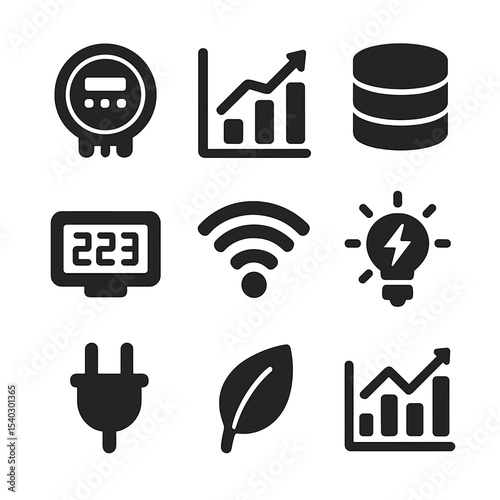 Power Consumption Icons. Solid, filled icons set of power consumption insights: smart meter, energy usage