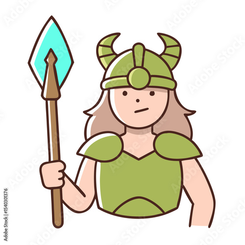 Cartoon warrior character holding spear in green armor and helmet  