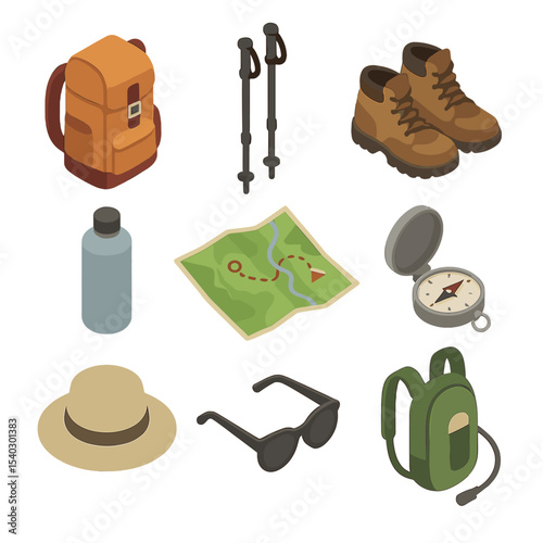 Hiking Gear Essentials. Isometric Flat icon set of hiking gear essentials: backpack, trekking poles, hiking boots, water bottle,