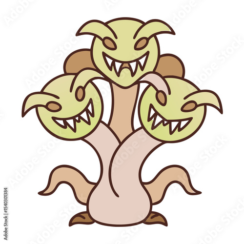 Cartoon three-headed monster with menacing smiles and fangs  