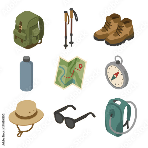 Hiking Gear Essentials. Isometric Flat icon set of hiking gear essentials: backpack, trekking poles, hiking boots, water bottle,
