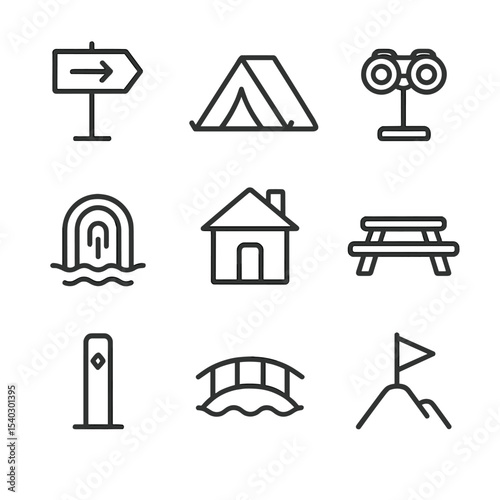 Hiking Trail Icon Set. Outline icon set of hiking trail route stops: trailhead sign, campsite tent, viewpoint binoculars, water