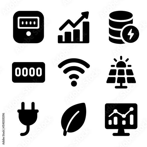 Power Consumption Icons. Solid, filled icons set of power consumption insights: smart meter, energy usage