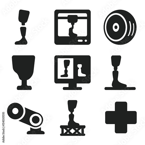 3D Prosthetics Icons. Solid, filled icons set of 3D printing for prosthetics: prosthetic limb, 3D printer,