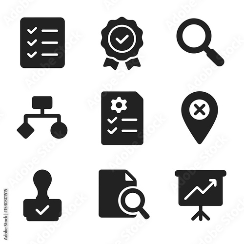 Quality Control Icons. Solid, filled icons set of managerial roles in quality control: checklist icon, quality