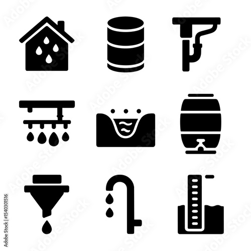 Rainwater Harvesting Icons. Solid, filled icons set of rainwater harvesting techniques: catchment roof,