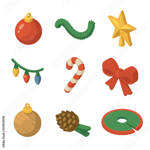 Holiday Tree Icons. Isometric Flat icon set of holiday tree decorating: glass ornament, tinsel garland, star tree topper, string