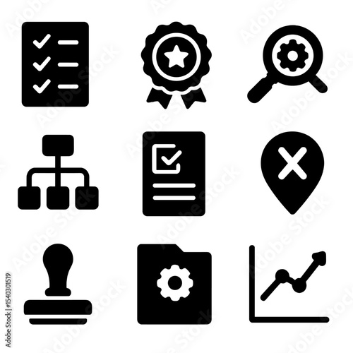 Quality Control Icons. Solid, filled icons set of managerial roles in quality control: checklist icon, quality