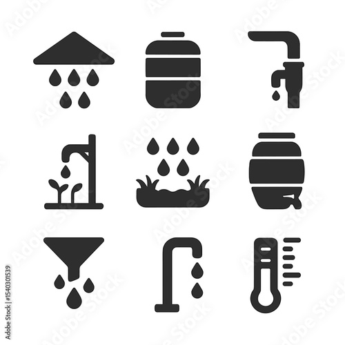 Rainwater Harvesting Icons. Solid, filled icons set of rainwater harvesting techniques: catchment roof,