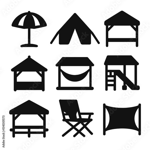 Recreational Shade Icons. Solid, filled icons set of recreational shade canopy use: beach umbrella, picnic