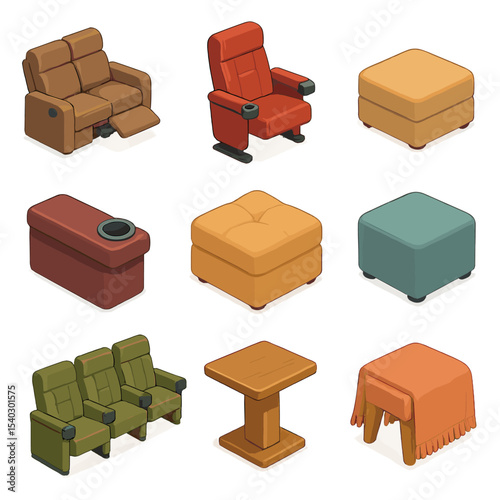 Home Theater Icons. Isometric Flat icon set of home theater seating: recliner sofa, cinema chair, footrest, cup holder, plush