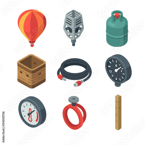 Hot Air Balloon Icons. Isometric Flat icon set of hot air balloon components: envelope, burner, fuel tank, basket, fuel hose,