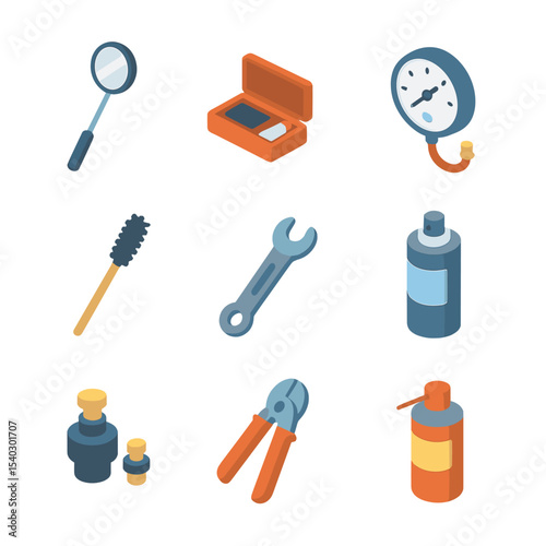Hot Air Balloon Tools. Isometric Flat icon set of hot air balloon maintenance tools: inspection mirror, fabric patch kit, pressure