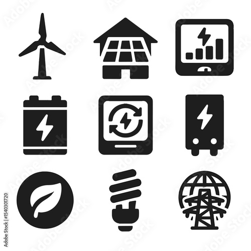 Renewable Energy Icons. Solid, filled icons set of renewable energy integration: wind turbine, rooftop solar,