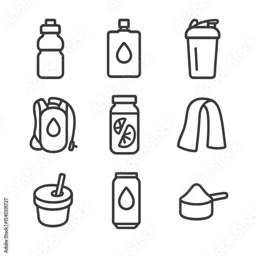 Hydration Essentials Icons. Outline icon set of hydration essentials: water bottle, electrolyte drink pouch, shaker bottle,