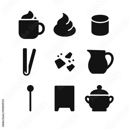 Hot Cocoa Icon Grid. Solid, Filled icon set of hot cocoa bar setup: mug, whipped cream, marshmallow, cinnamon stick, chocolate
